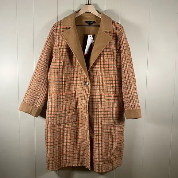 NEW Talbots Coat 12 Wool Blend Campfire Plaid Classic Lapel Patch Pockets Long - Picture 2 of 15